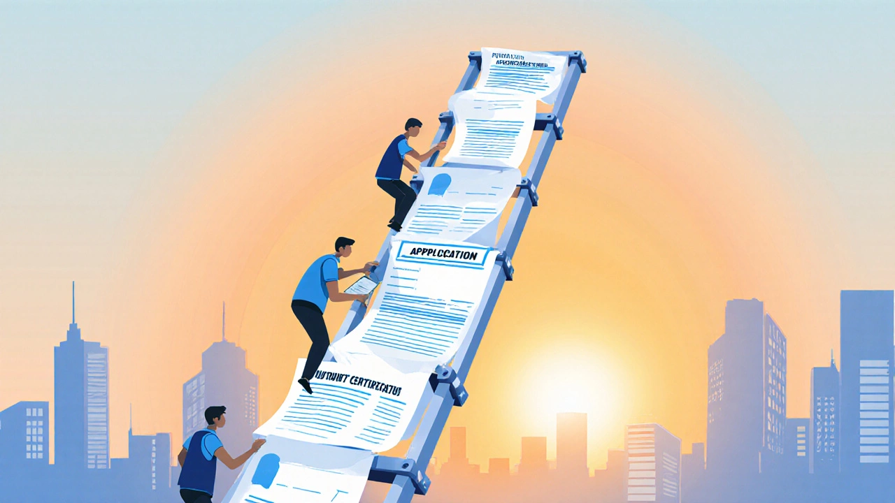 A symbolic ladder of documents leading upward from a city skyline toward a rising sun.