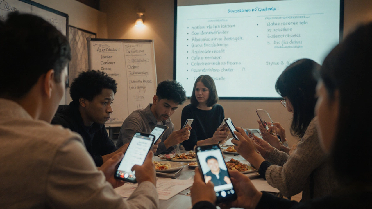 Adults recording a video ordering food while a teacher reviews it on screen.