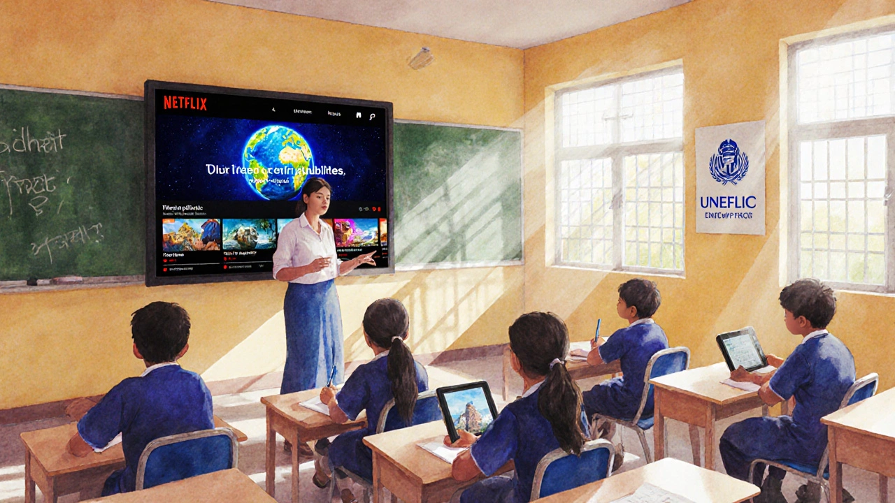 Classroom where teacher streams a Netflix documentary with subtitles and students take notes.