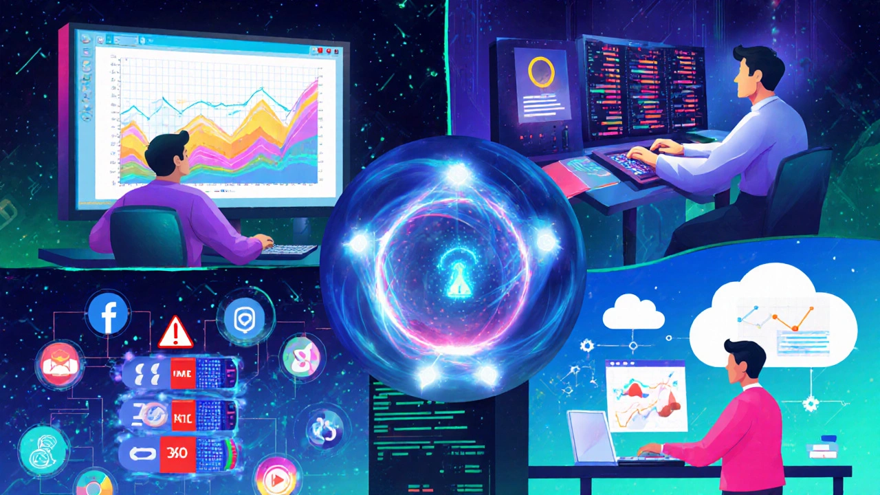 Collage of professionals representing data science, AI prompting, cybersecurity, cloud, and marketing.
