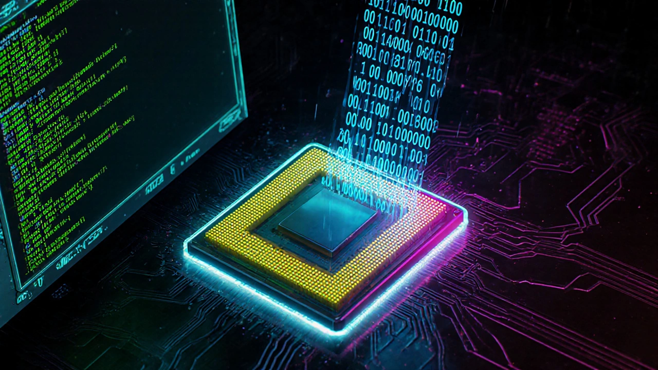 CPU chip with flowing binary, assembly, and source code streams in neon style.