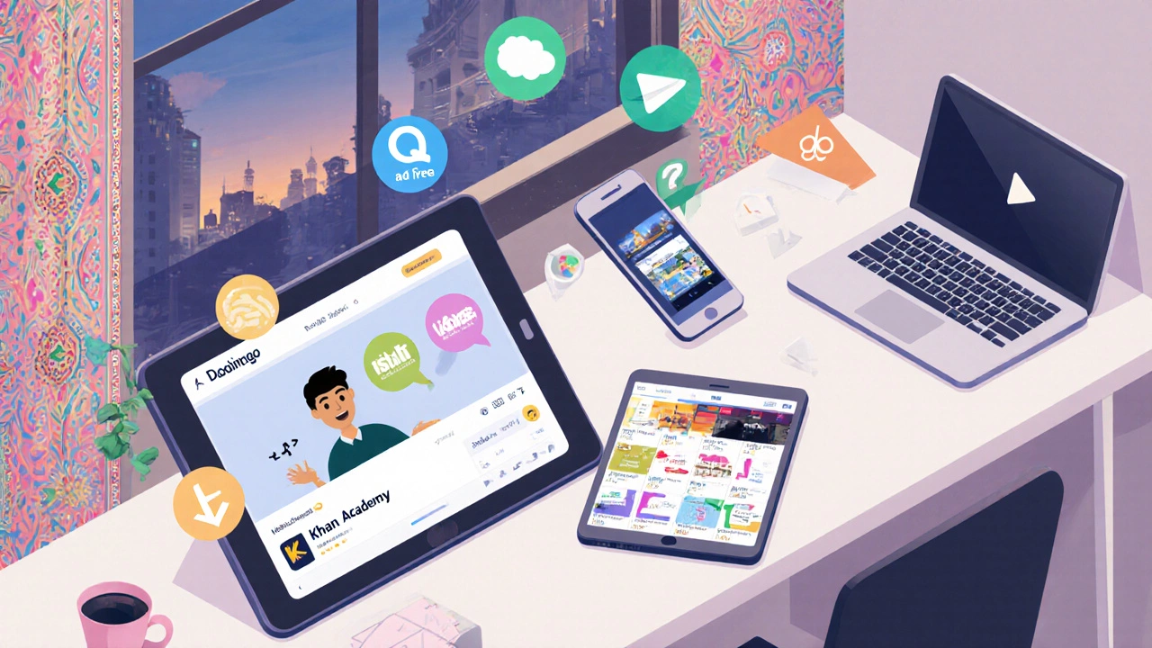 Desk with multiple devices showing different free learning apps and icons for offline and ad‑free features.