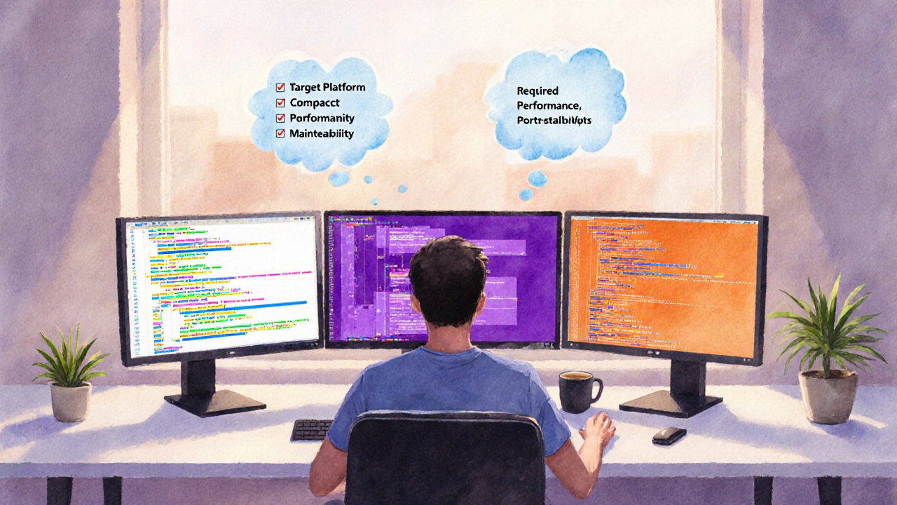 Developer at desk with three monitors displaying different code types and a checklist.
