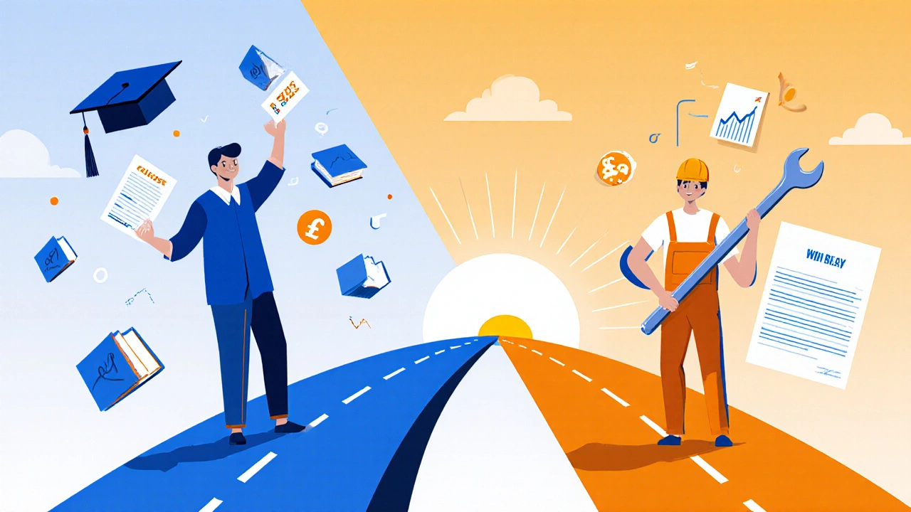 Dual path: graduation cap and debt vs. wrench and salary graph.