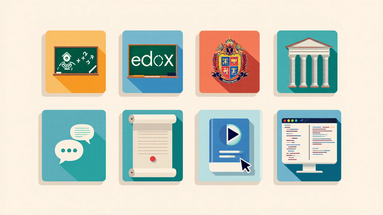 Eight-panel grid showing visual symbols for different free education platforms in distinct colors.