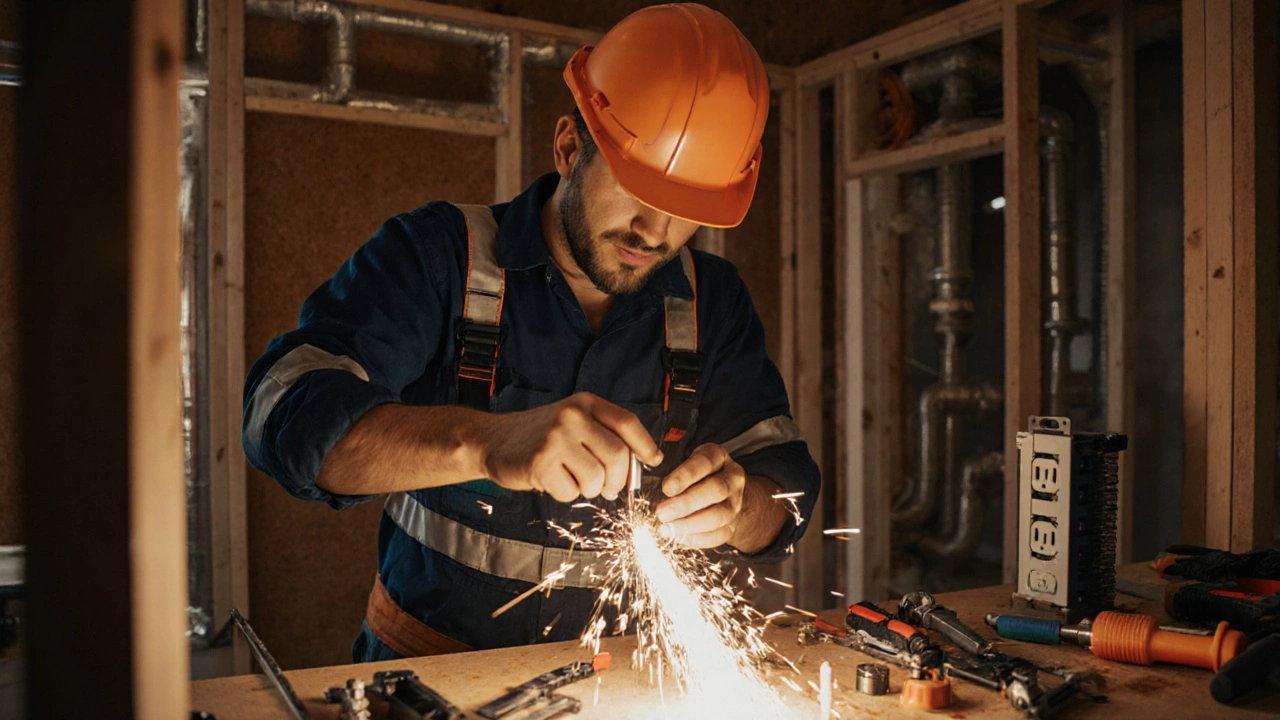 Electrician installing wiring in a home, tools and sparks visible.