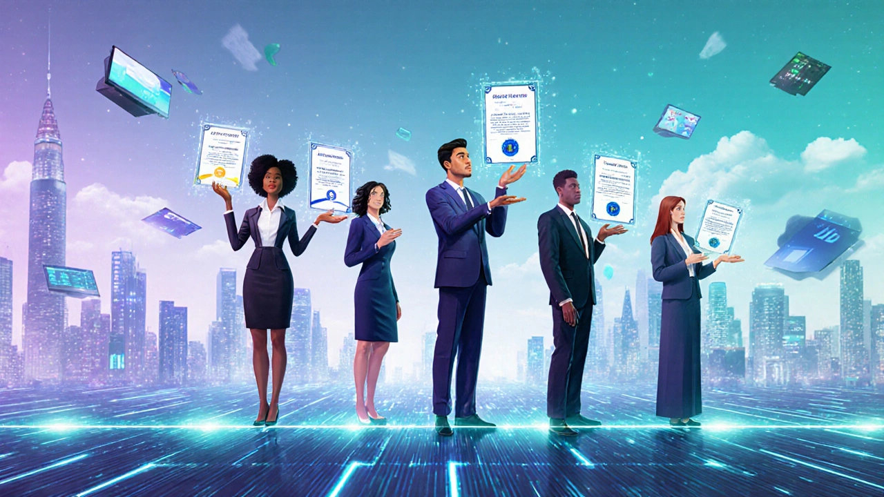 Future scene with diverse professionals holding holographic online credential badges on a digital timeline.