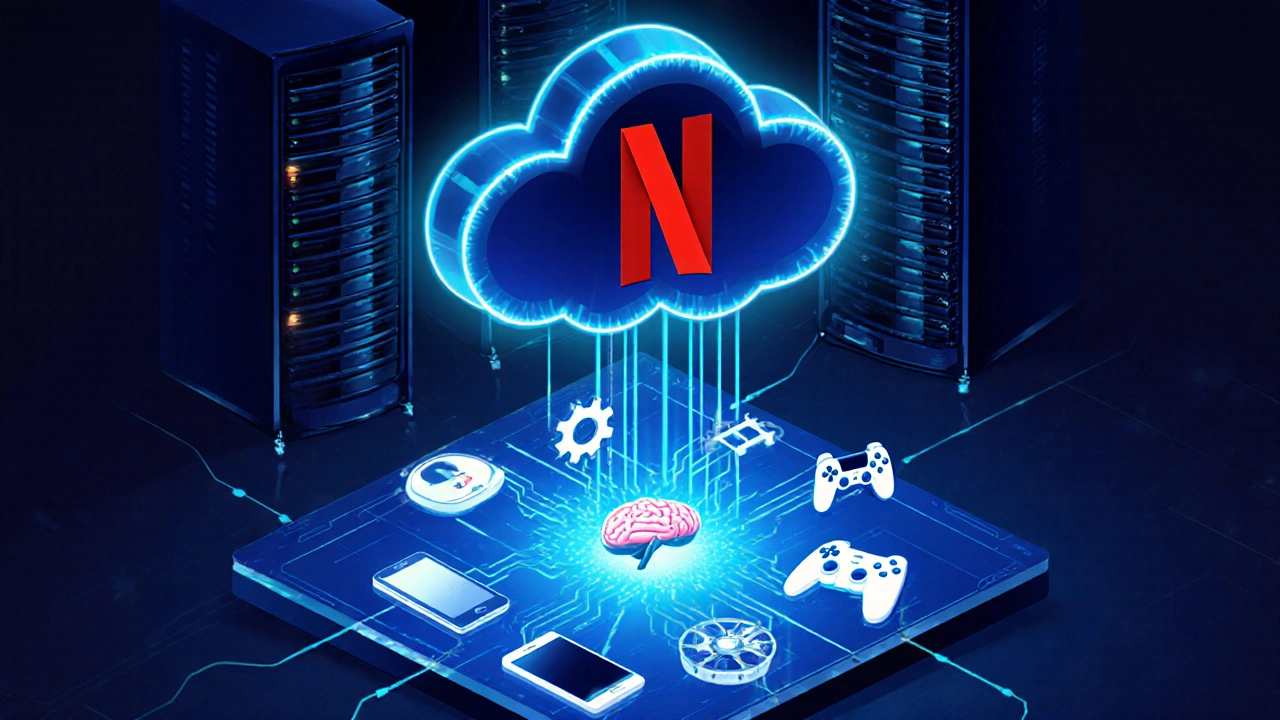 Futuristic illustration of Netflix's cloud servers, data streams, and multi‑device icons.
