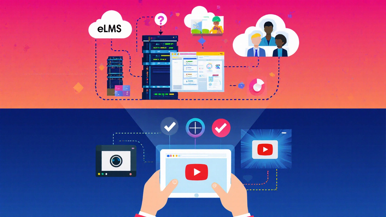 Illustrated tech stack showing LMS servers, video‑conference icons, and a hybrid learning scene.