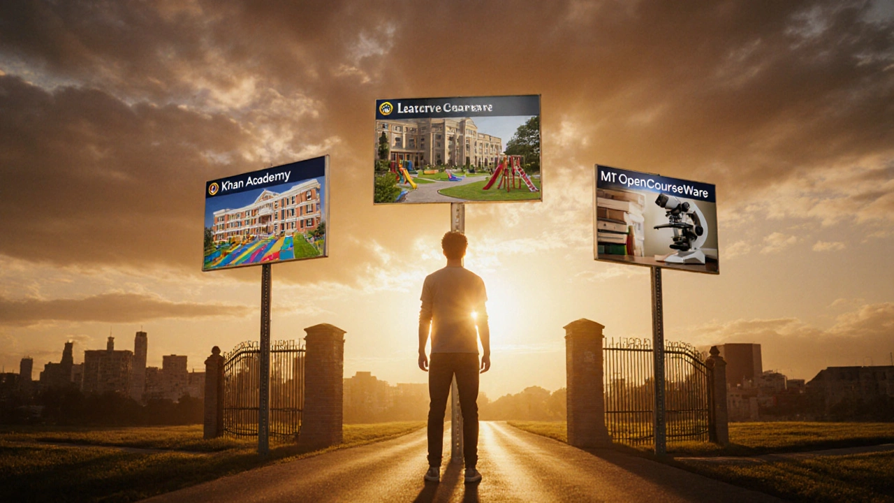 Learner at a sunset crossroads with signposts representing various free learning platforms, hopeful atmosphere.