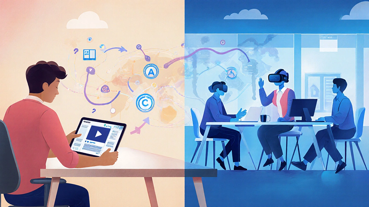 Learner moving from self‑paced video module to a live virtual workshop, shown in split‑screen.