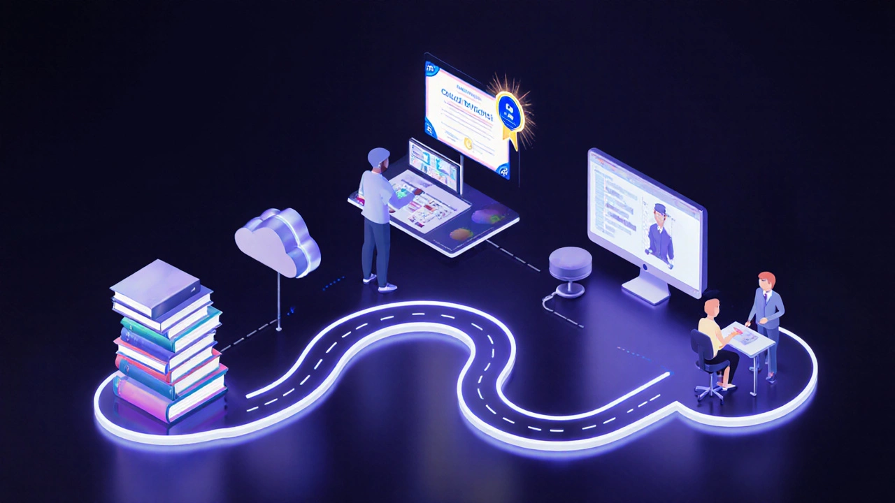 Luminous roadmap showing steps from learning basics to a virtual job interview.