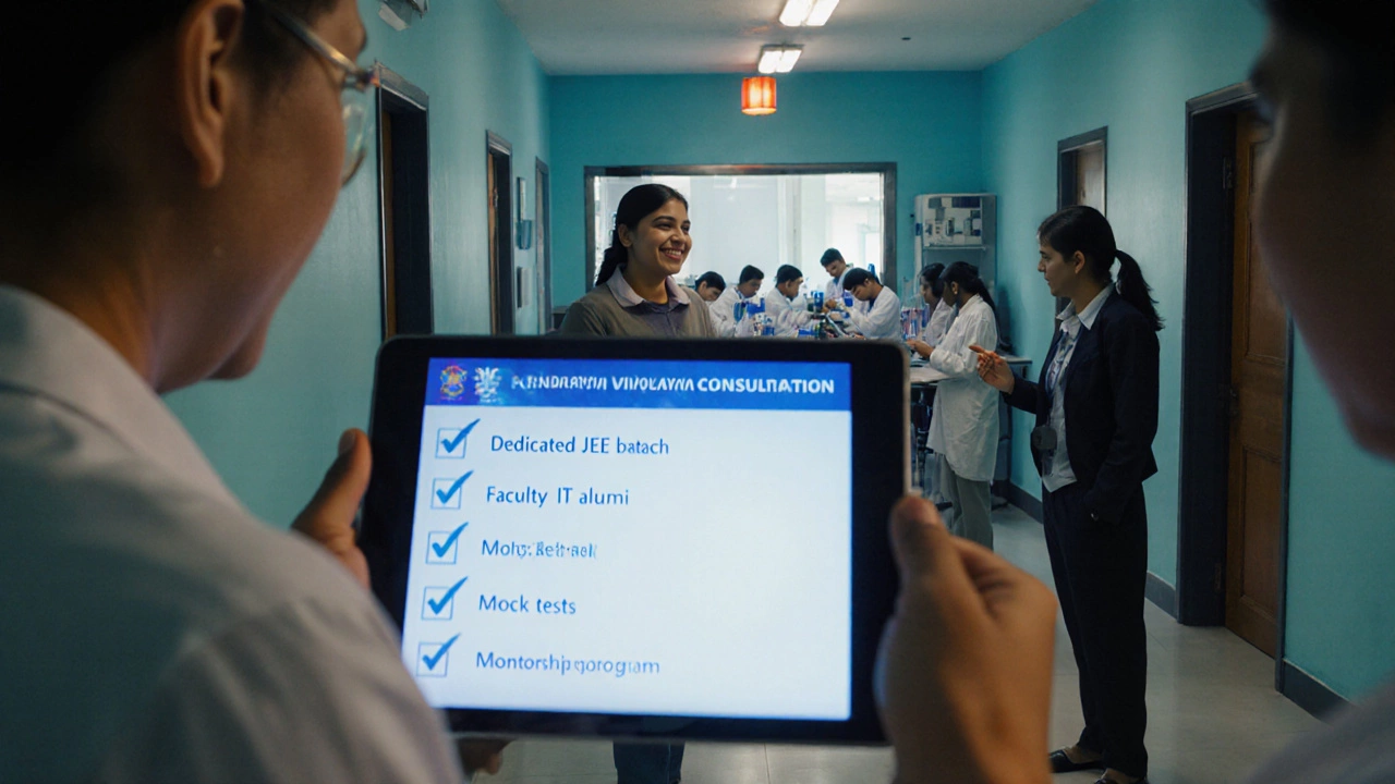 Parent and counselor reviewing a checklist near a lab in a Kendriya Vidyalaya hallway.