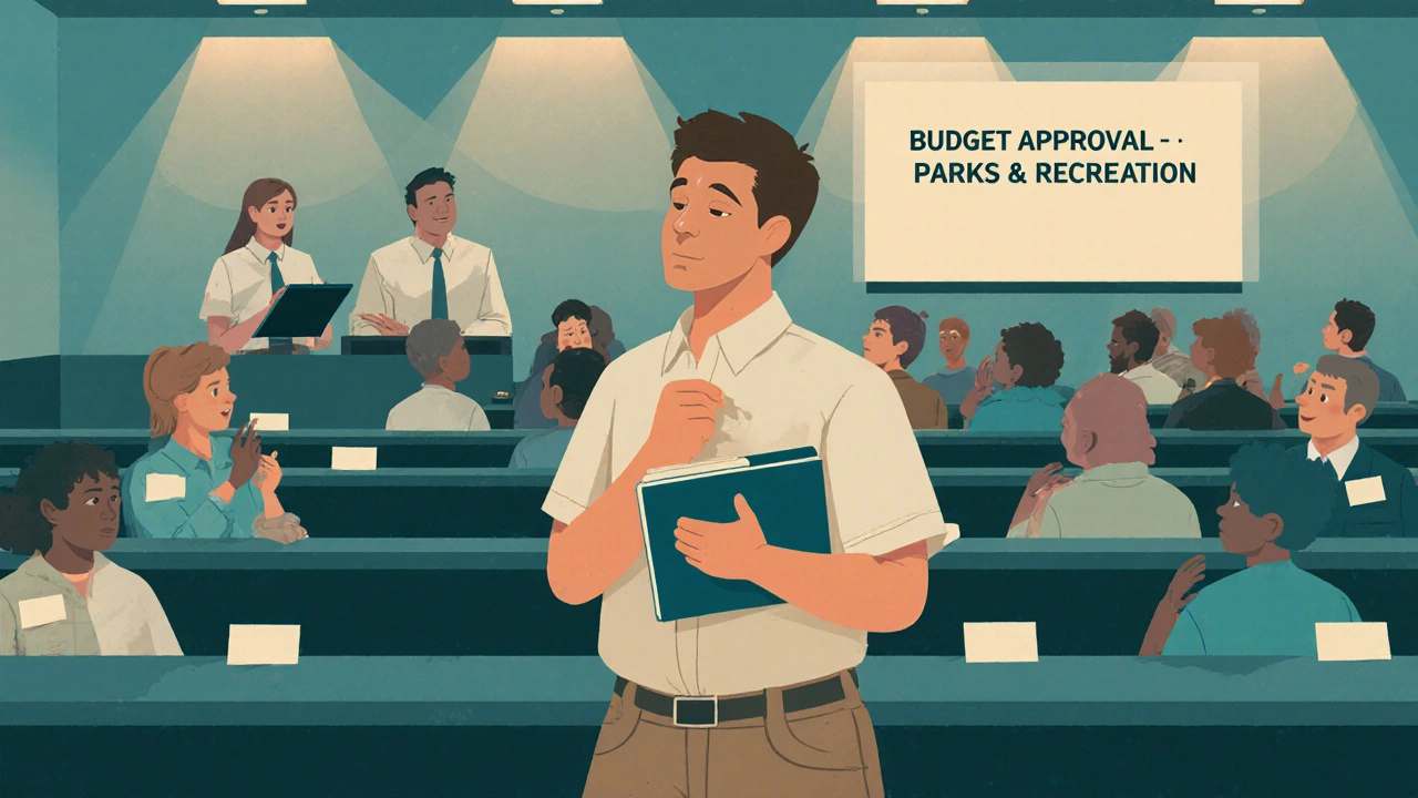 Person attentively observing a city council meeting with a community board projection in the background.