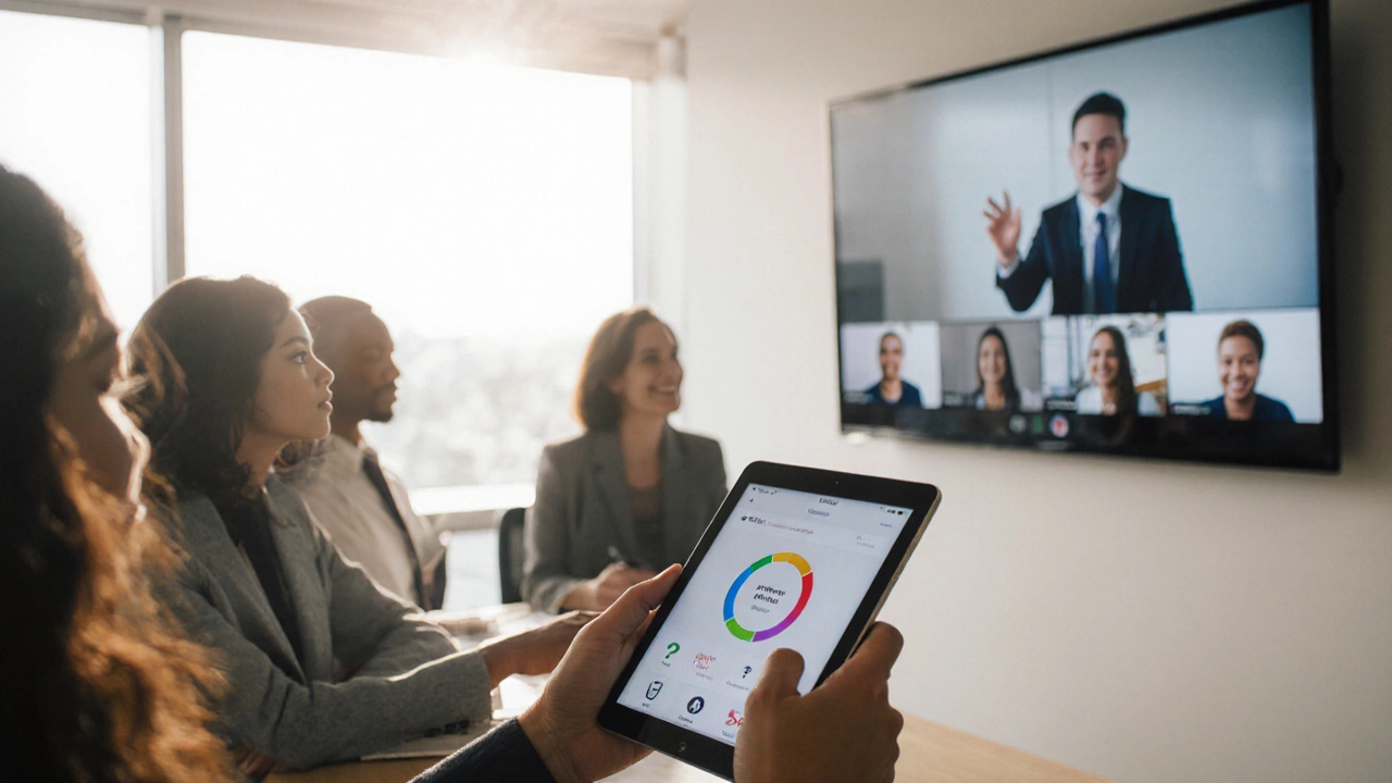 Professional in a training room using a tablet module while a live virtual workshop plays on a screen.