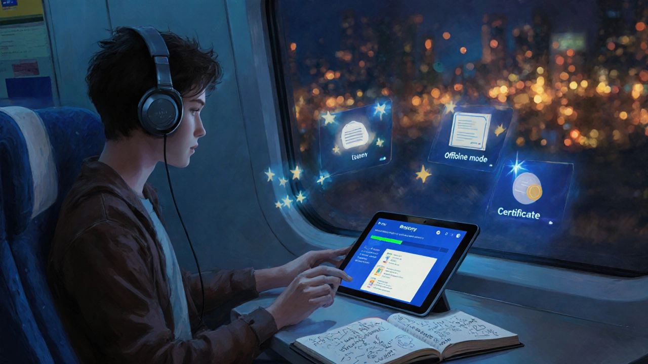 Student on a night train studying from a tablet with progress icons and city lights outside.