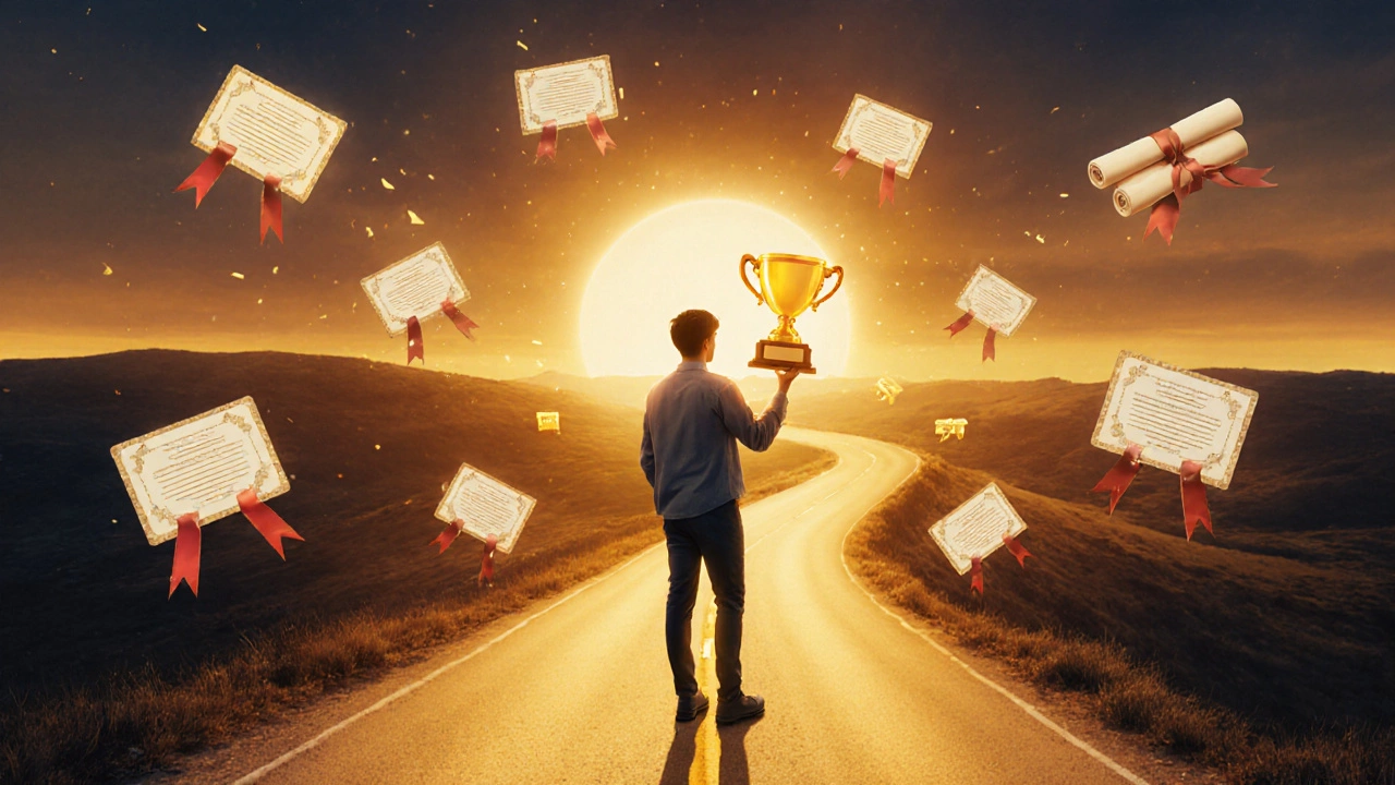 Student on a sunrise‑lit road holding a glowing exam badge.