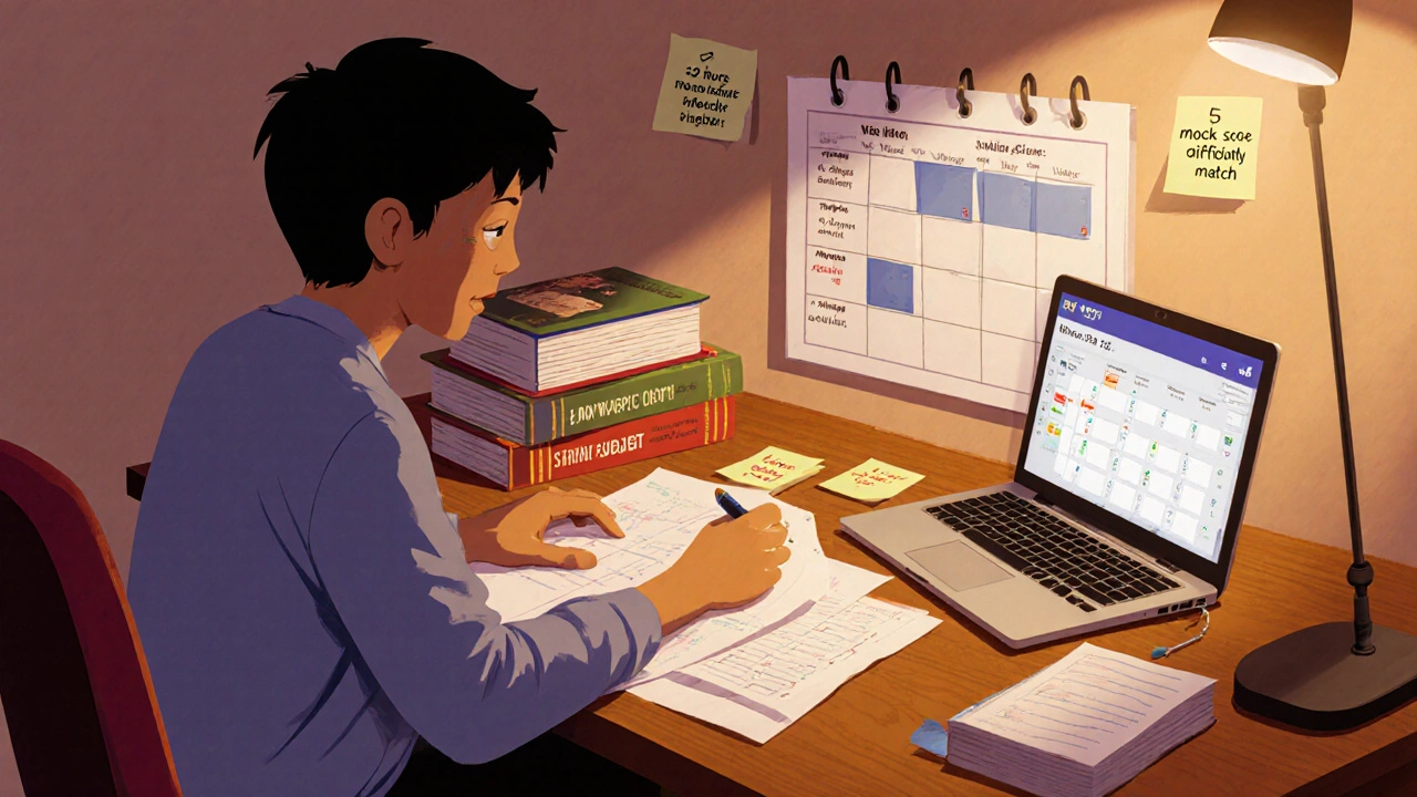 Student planning study schedule with textbooks, laptop, calendar, and checklist notes.