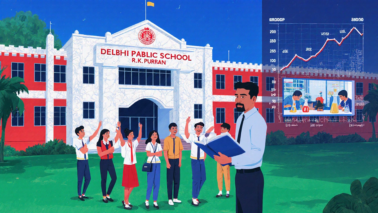 Students gathered with a former IITian mentor at Delhi Public School entrance.
