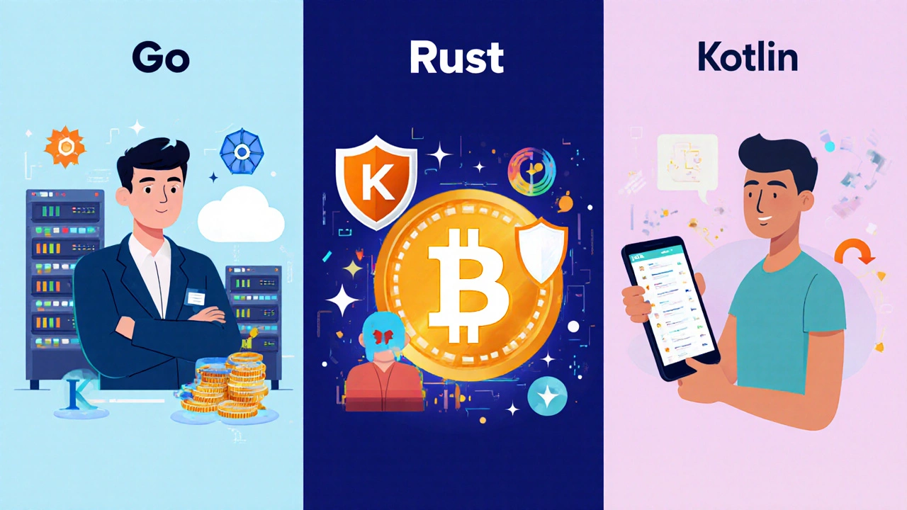 Three engineers representing Go, Rust, and Kotlin in their fields.