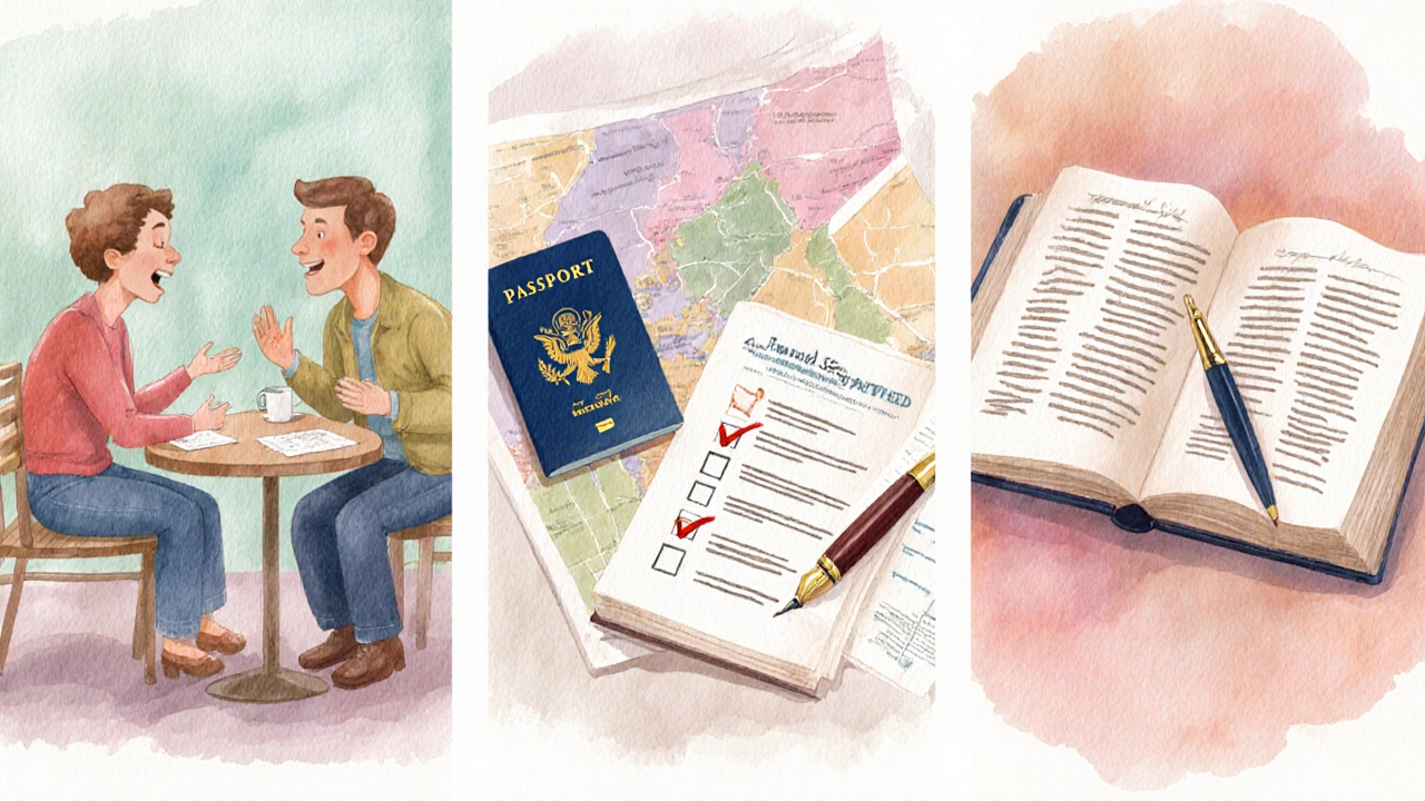 Three watercolor panels showing role‑play, trip planning, and textbook translation.