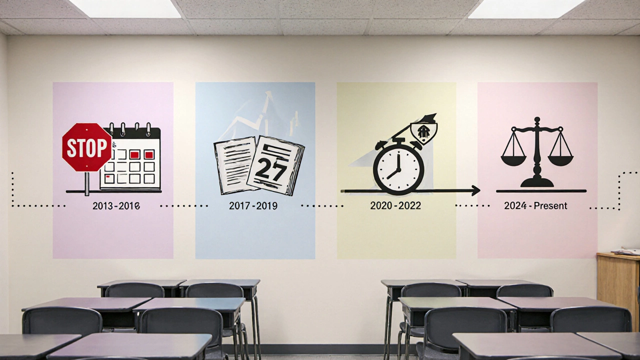 Wall mural showing four NEET policy eras with visual icons for attempts and age limits.