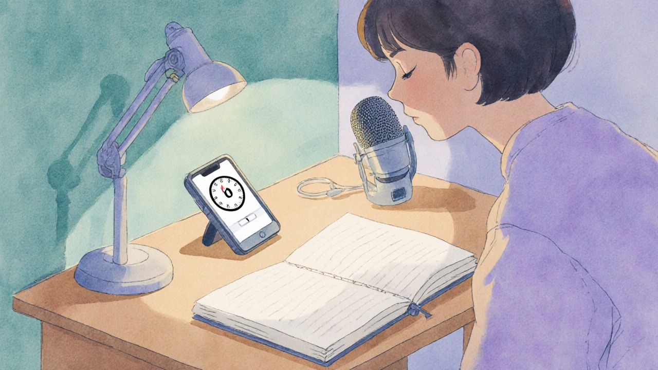 Whisper practice setup with timer, microphone, notebook, and soft lighting.